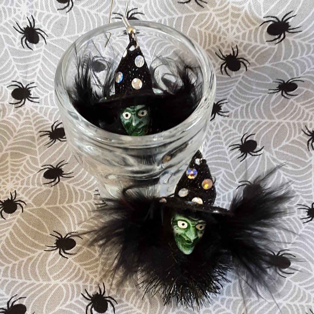 Wicked Green Witch Halloween Earrings Glitter Feather Sequins Balls Dangle